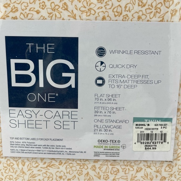 Kohls The Big One Twin Size Sheet set yellow gold floral cotton blend NWT - Picture 5 of 8
